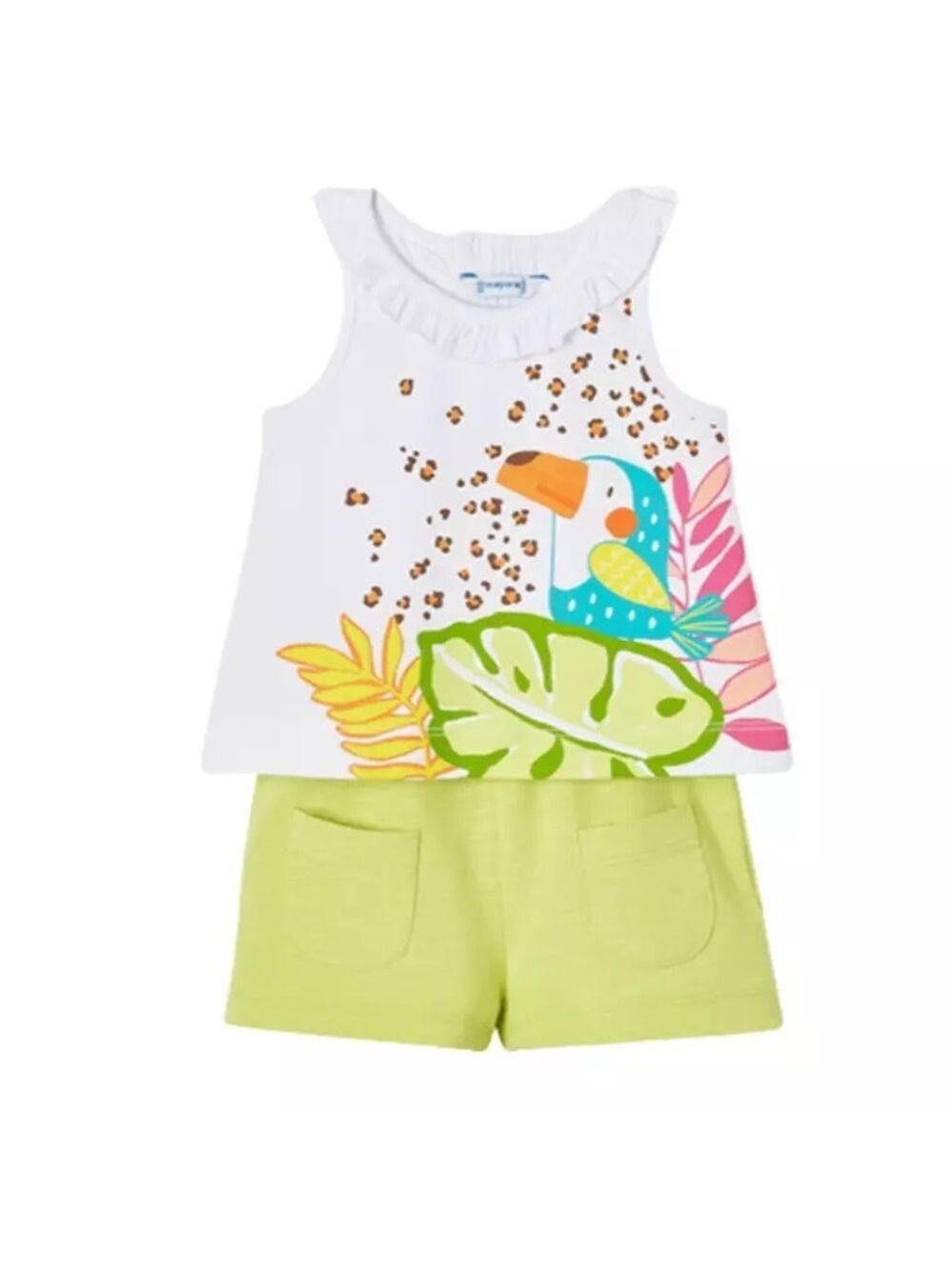 Size 3 Girls Mayoral White Tank Top with Tropical Print and Lime Shorts Set
